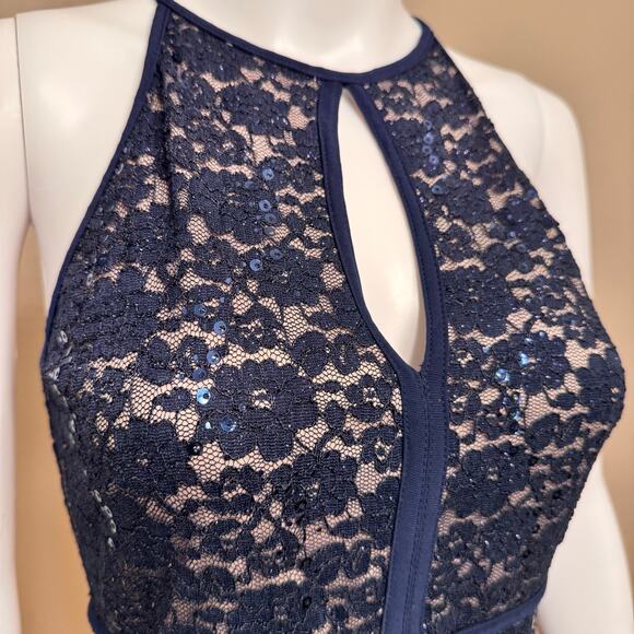 Nightway Navy Blue Lace Cocktail Dress Size 8 Sleeveless Sequin Halter Bodycon - Picture 5 of 13